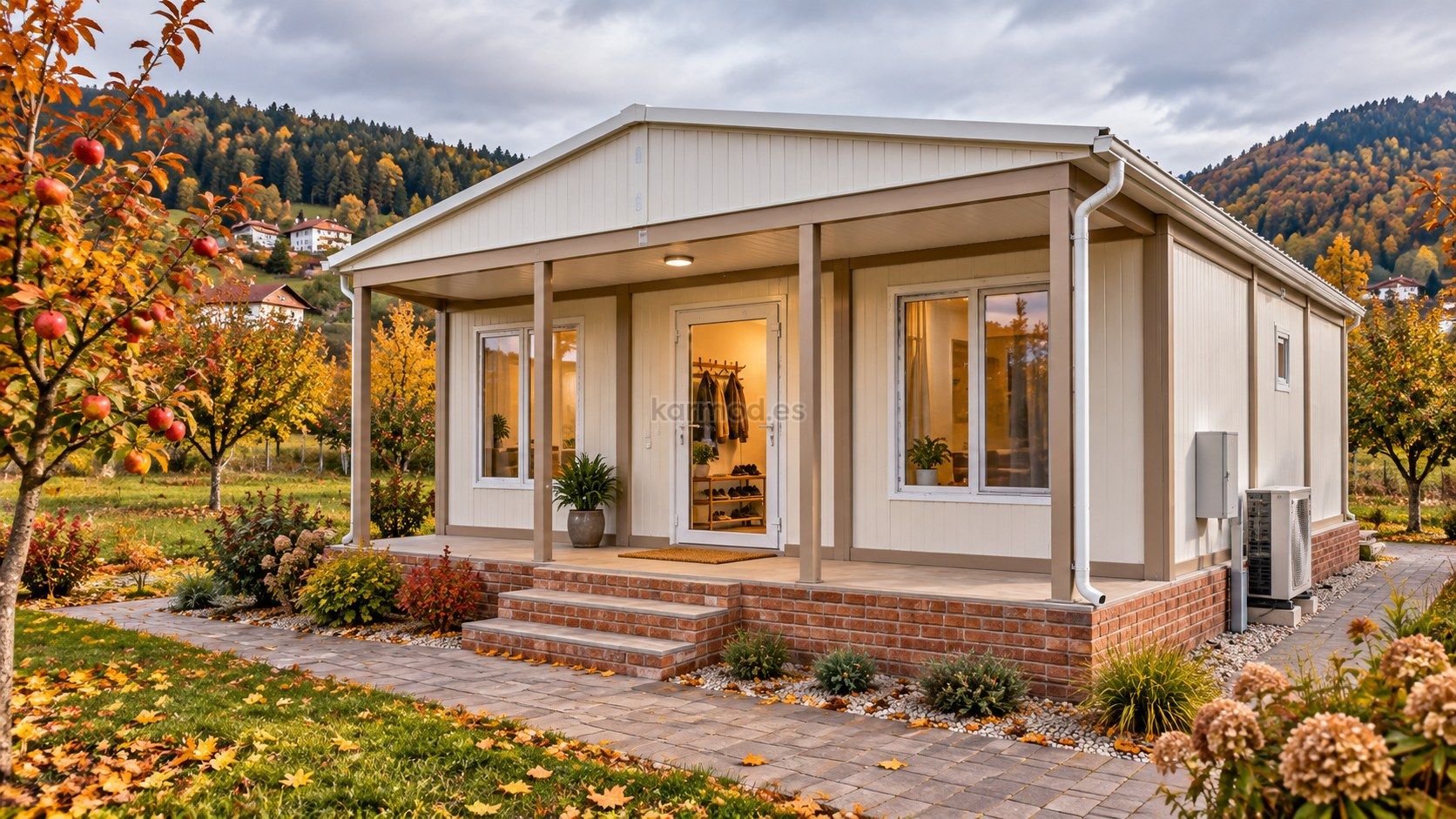 Entrada cubierta de una casa contenedor en Polonia con acceso pavimentado y zona de servicio junto a un huerto