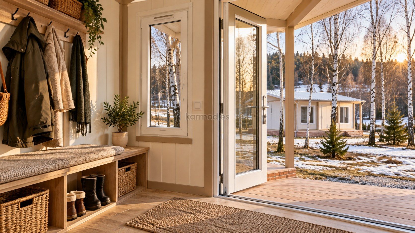 Entrada interior de una casa contenedor en Lituania con banco para calzado, abrigos y vistas a un bosque de abedules