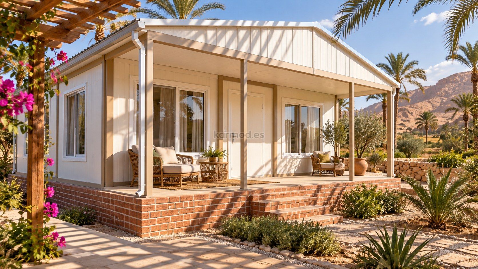 Ventana sombreada y veranda de una casa contenedor en Egipto con pérgola y palmeras