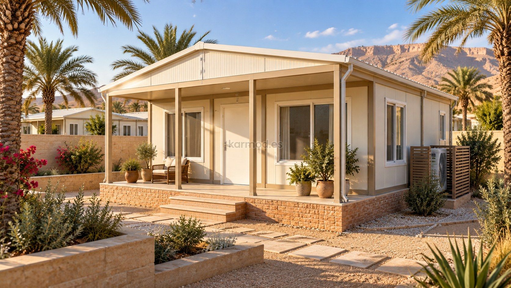 Entrada protegida y zona de mantenimiento de una casa contenedor en Iraq con ventanas sombreadas