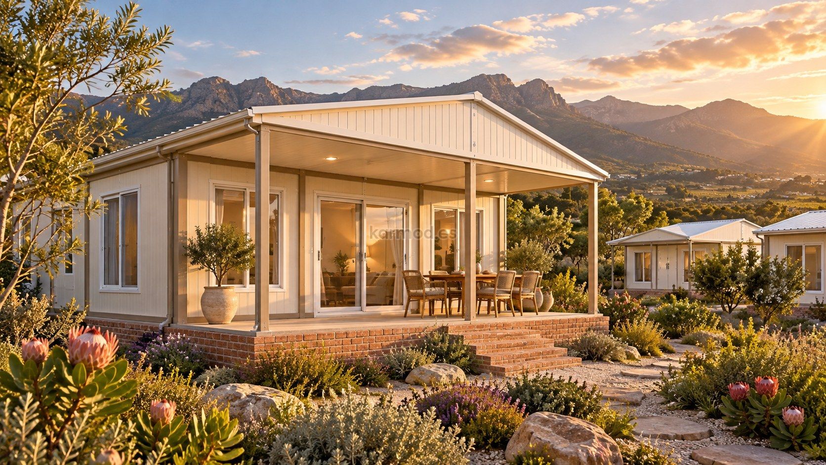 Veranda sombreada de una casa contenedor en Sudáfrica con puertas correderas y jardín de vegetación del Cabo