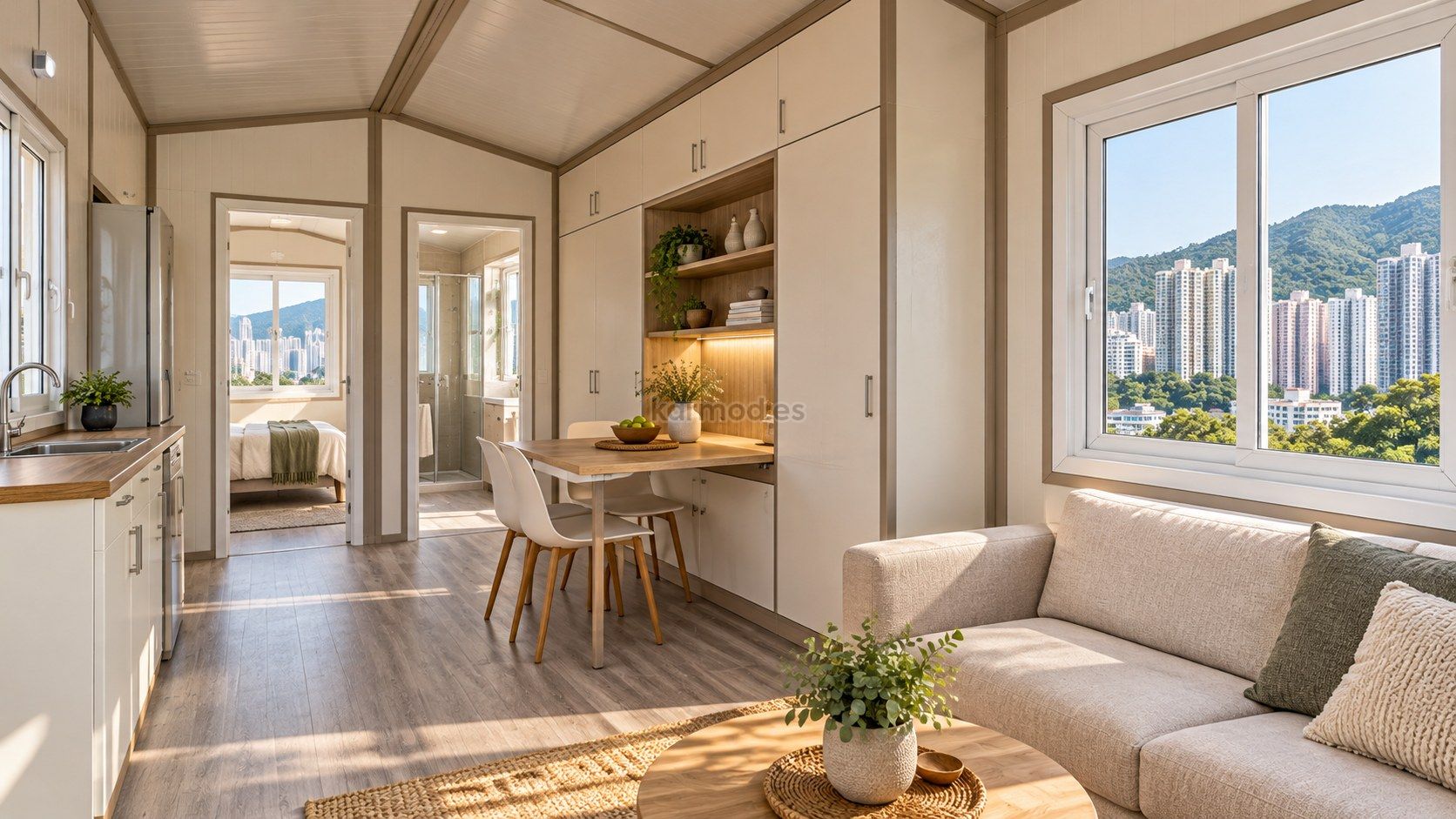 Diseño conceptual del interior de una casa contenedor en Hong Kong con almacenamiento integrado y mesa compacta