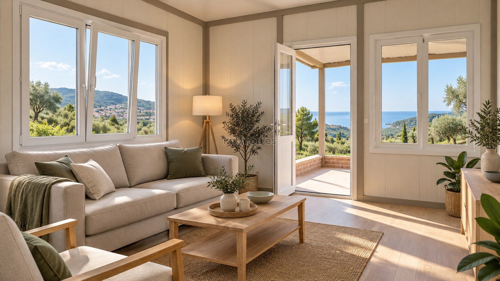 Interior conceptual de una vivienda modular con ventanas hacia un paisaje costero inspirado en Portugal