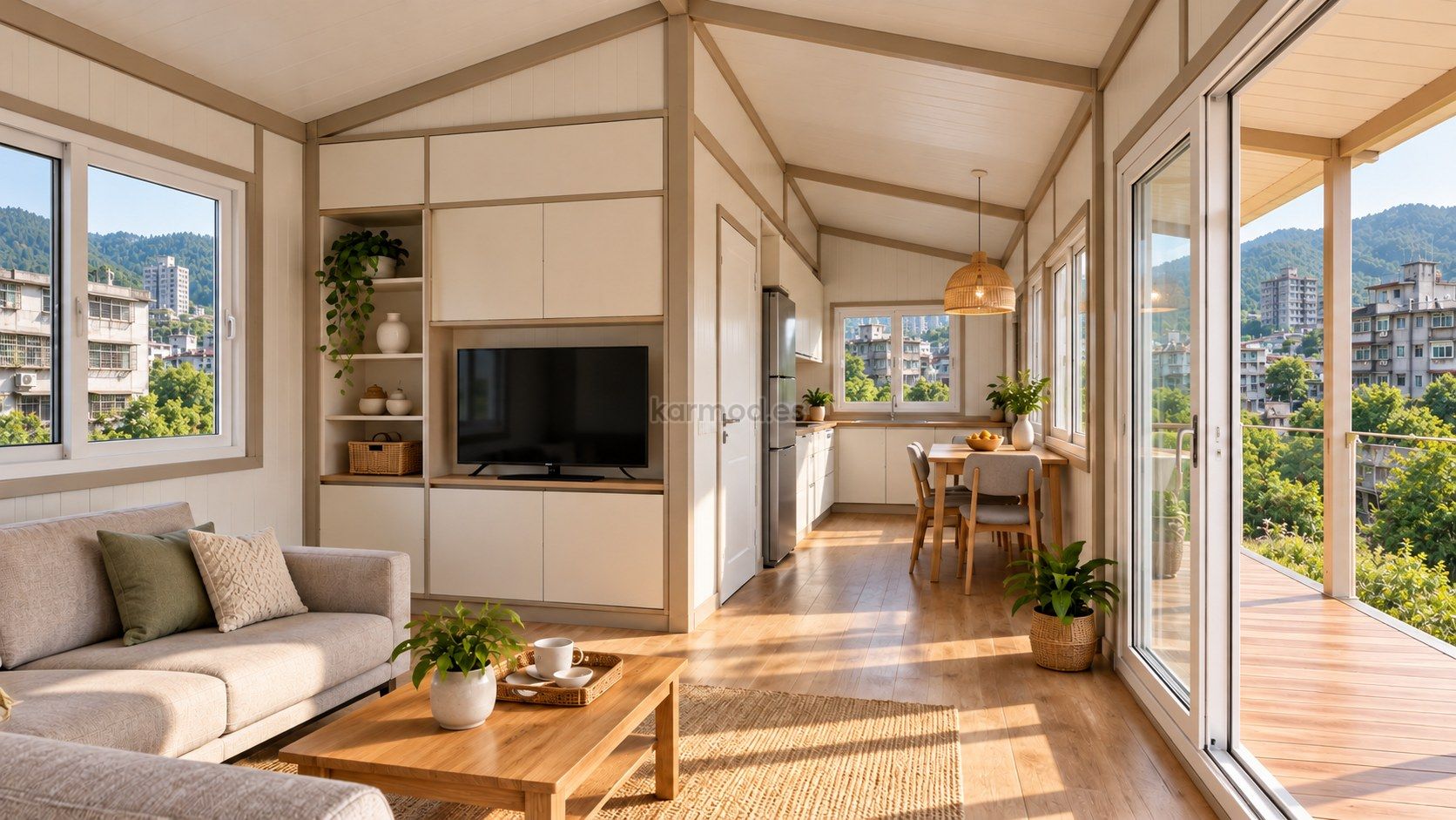 Interior de una casa contenedor en Taiwán con almacenamiento integrado y circulación hacia una cocina compacta