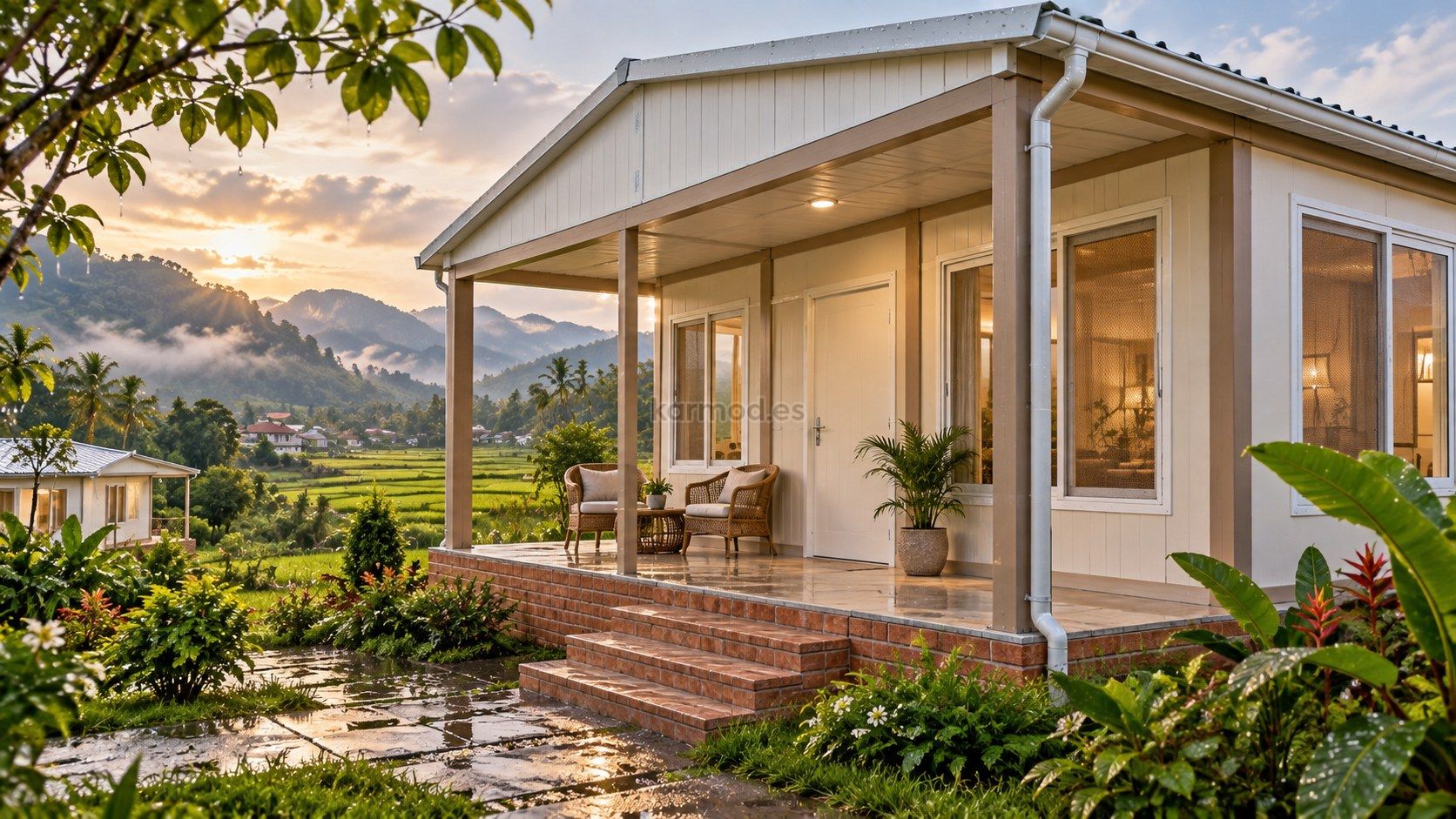 Veranda sombreada de una casa contenedor en Vietnam con ventanas protegidas y jardín junto a campos verdes