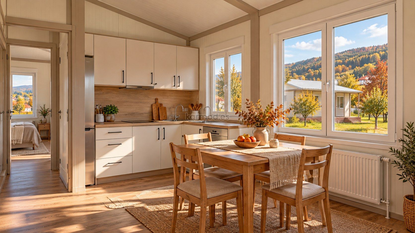 Cocina y comedor de una casa contenedor en Ucrania con almacenamiento y ventana hacia un huerto de otoño