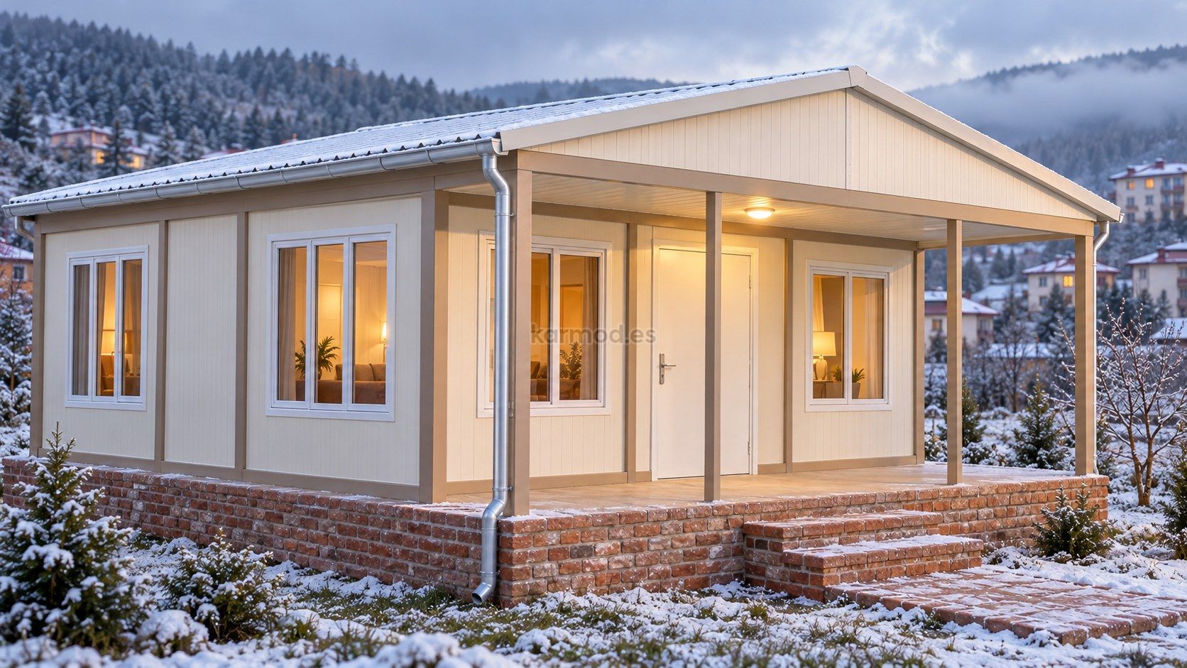 Visualización conceptual de la entrada protegida de una vivienda modular durante el invierno en un entorno inspirado en Bulgaria